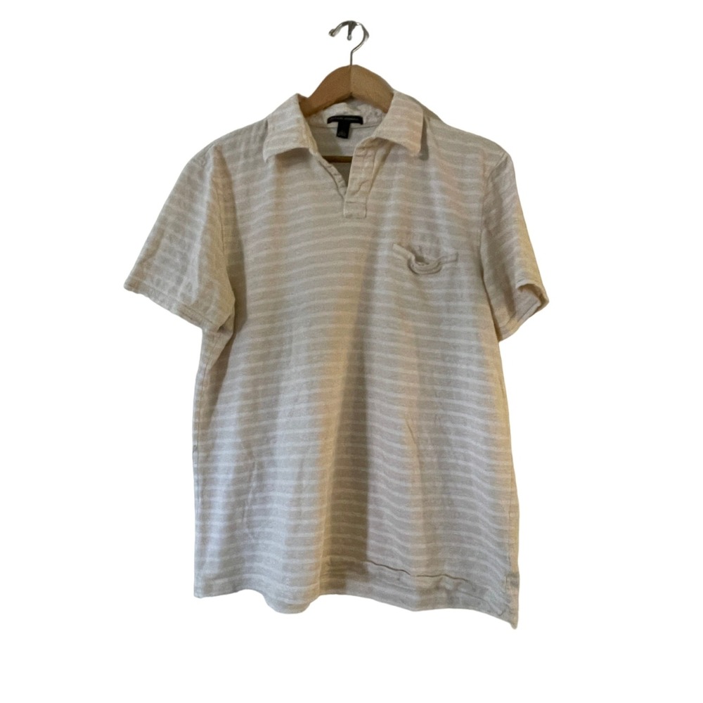 Banana Republic Striped Polo Shirt Short Sleeve Cotton‎ Large Beige Cream Exc